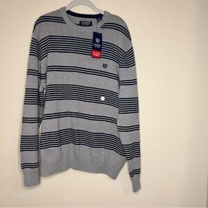 Chaps NWT Striped Grey Navy Blue‎ 100% Cotton Crew Neck Sweater Men's Large